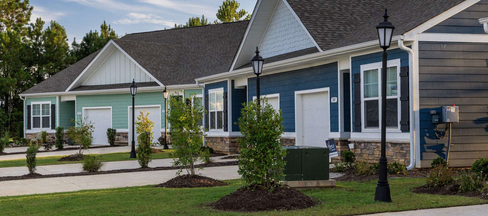 Two houses, blue and green, each with a street light out front.